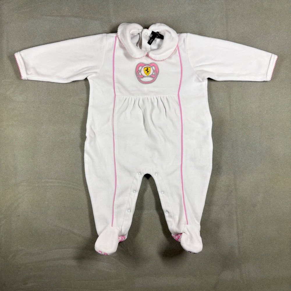 Ferrari Baby Girls White Pink Velour Footed Sleeper Peter Pan Collar 9-12 Months